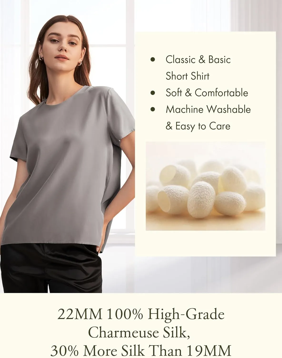 LilySilk Silk Blouses for Women Short Sleeve 100 Pure Mulberry 22 Momme Ladies Silk Tops Button Slit Back Closure
