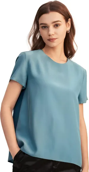 LilySilk Silk Blouses for Women Short Sleeve 100 Pure Mulberry 22 Momme Ladies Silk Tops Button Slit Back Closure
