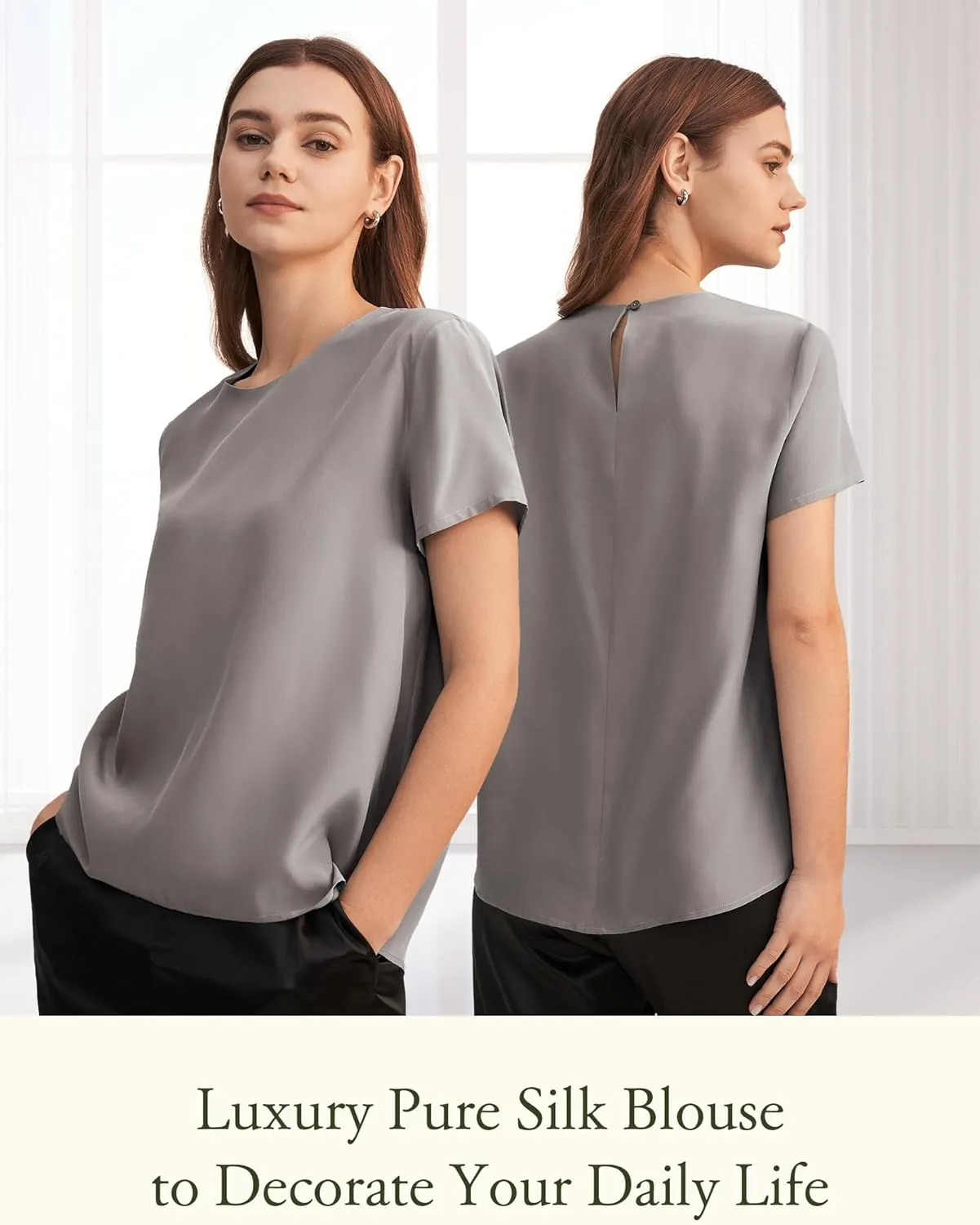 LilySilk Silk Blouses for Women Short Sleeve 100 Pure Mulberry 22 Momme Ladies Silk Tops Button Slit Back Closure