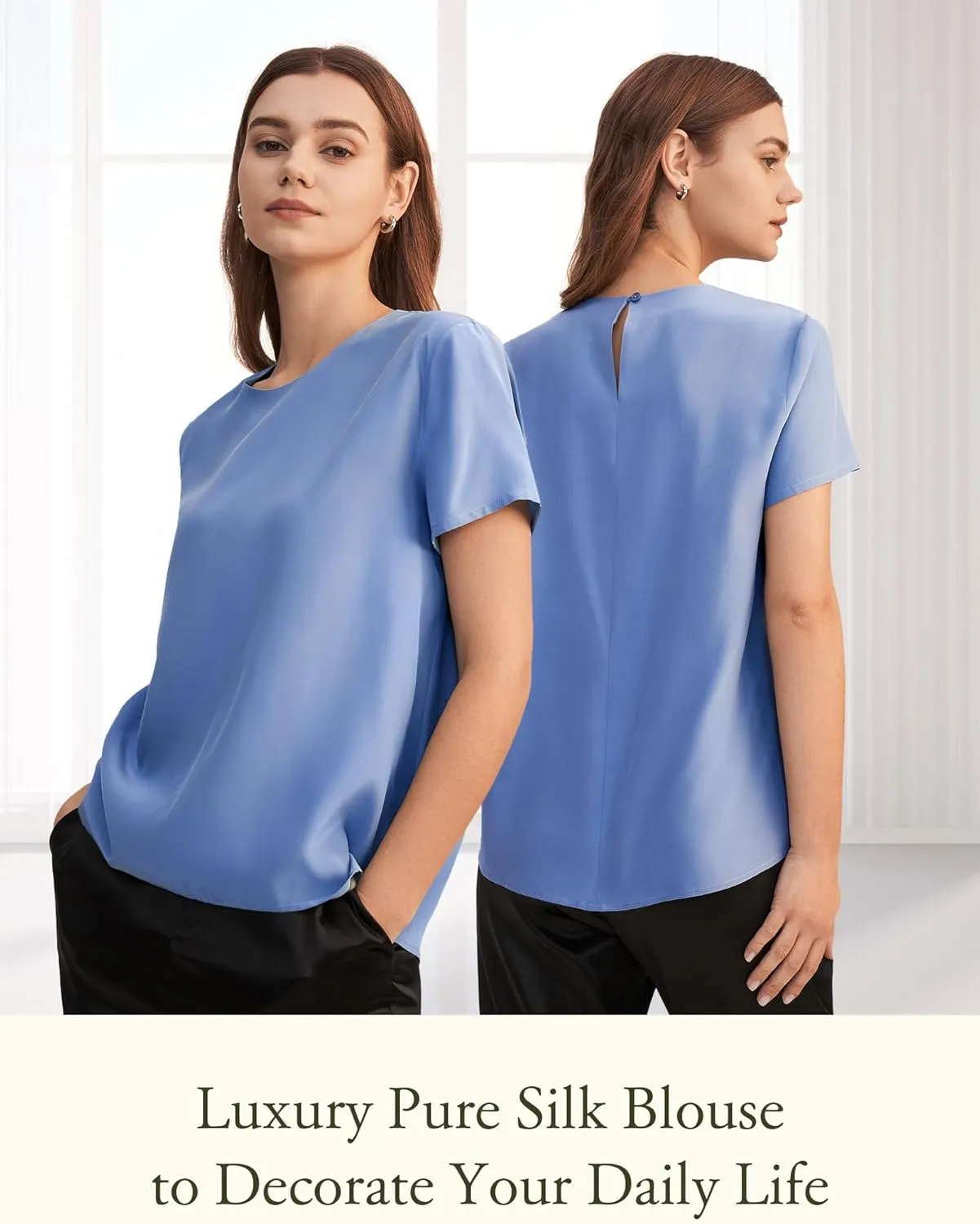 LilySilk Silk Blouses for Women Short Sleeve 100 Pure Mulberry 22 Momme Ladies Silk Tops Button Slit Back Closure