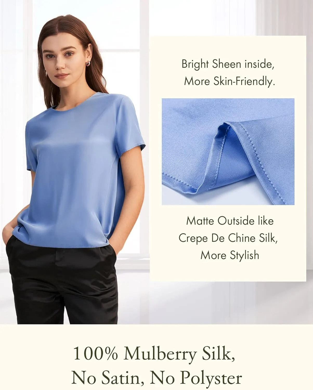LilySilk Silk Blouses for Women Short Sleeve 100 Pure Mulberry 22 Momme Ladies Silk Tops Button Slit Back Closure