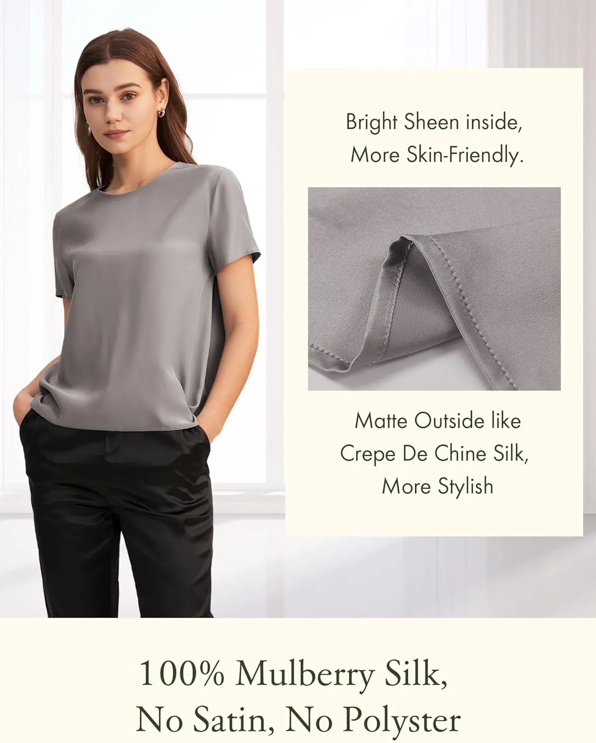 LilySilk Silk Blouses for Women Short Sleeve 100 Pure Mulberry 22 Momme Ladies Silk Tops Button Slit Back Closure