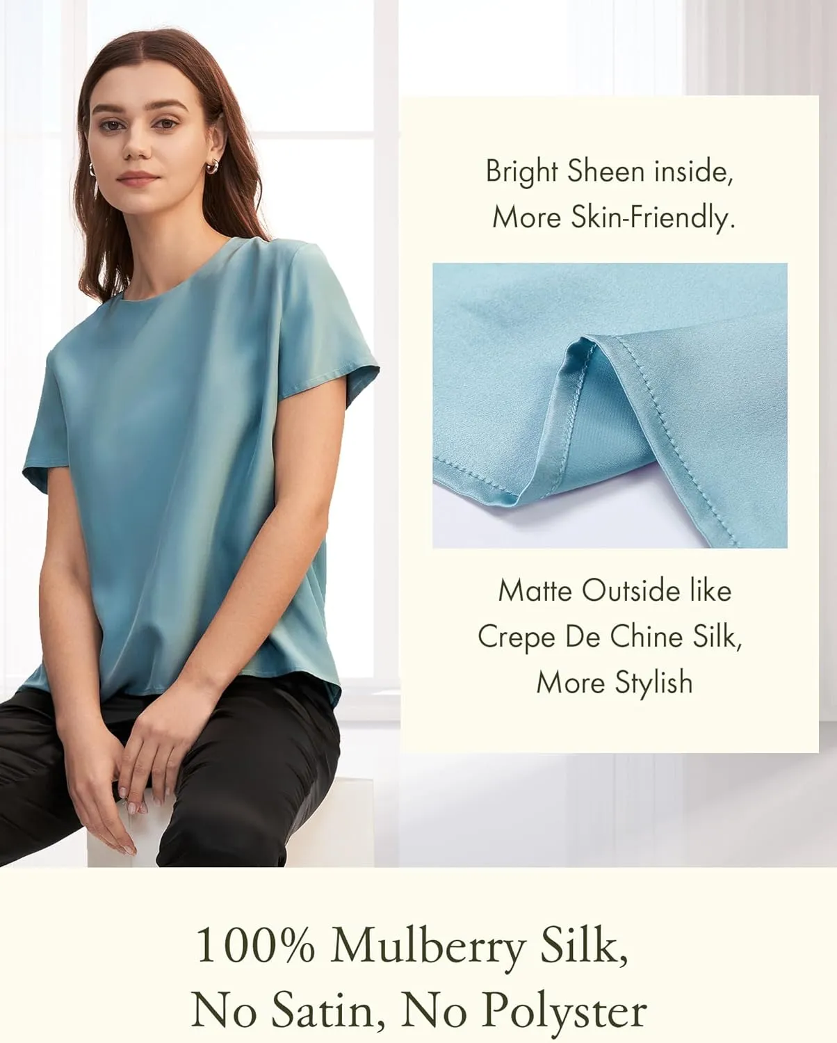 LilySilk Silk Blouses for Women Short Sleeve 100 Pure Mulberry 22 Momme Ladies Silk Tops Button Slit Back Closure