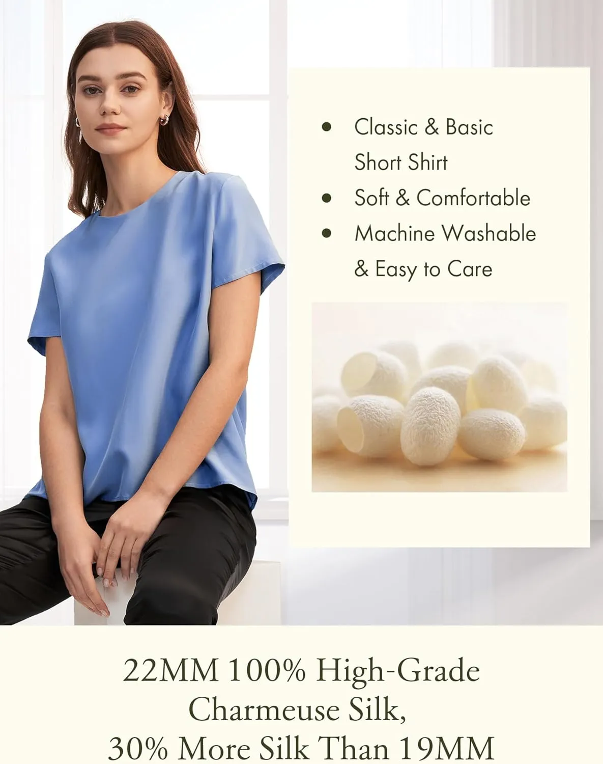 LilySilk Silk Blouses for Women Short Sleeve 100 Pure Mulberry 22 Momme Ladies Silk Tops Button Slit Back Closure