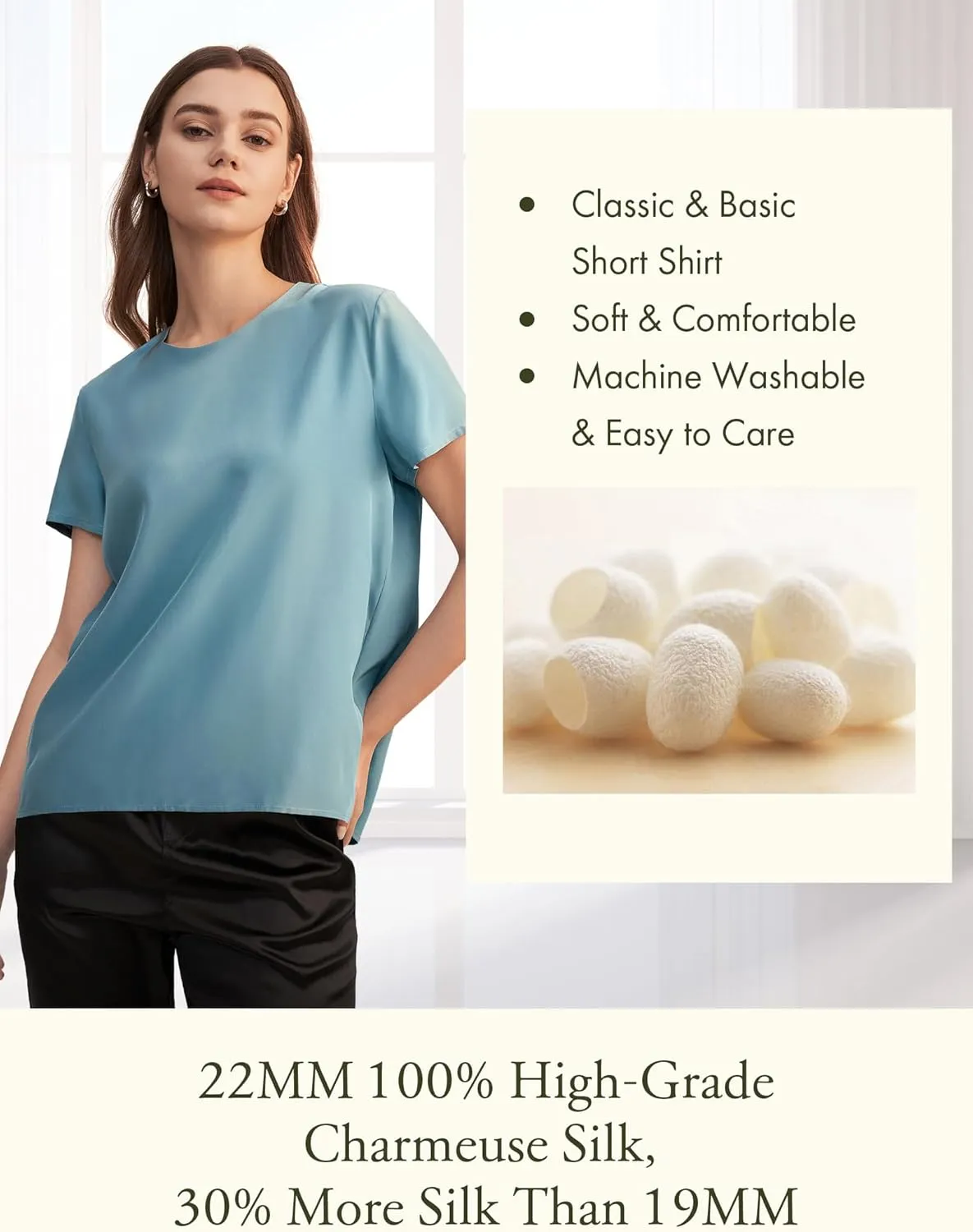 LilySilk Silk Blouses for Women Short Sleeve 100 Pure Mulberry 22 Momme Ladies Silk Tops Button Slit Back Closure
