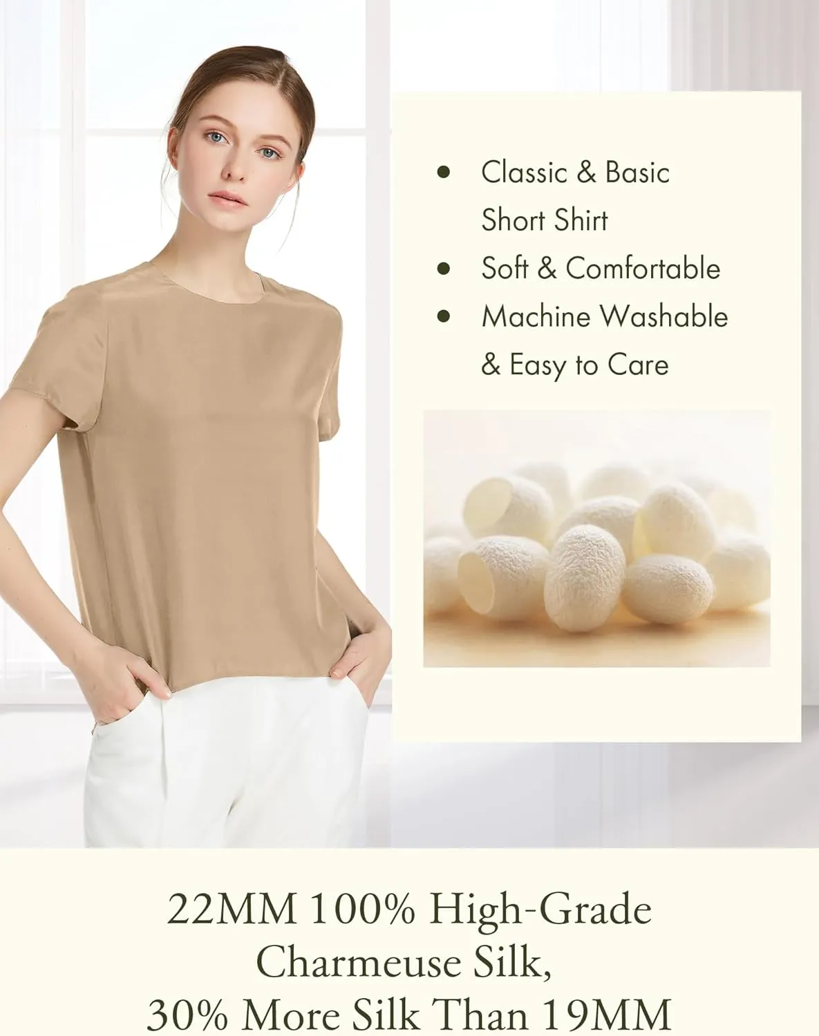 LilySilk Silk Blouses for Women Short Sleeve 100 Pure Mulberry 22 Momme Ladies Silk Tops Button Slit Back Closure
