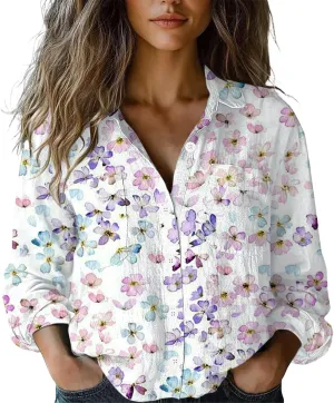 Linen Button Down Shirts for Women Floral Striped Vintage Boho Tops Dressy Casual Fit Long Sleeve Blouse with Pocket