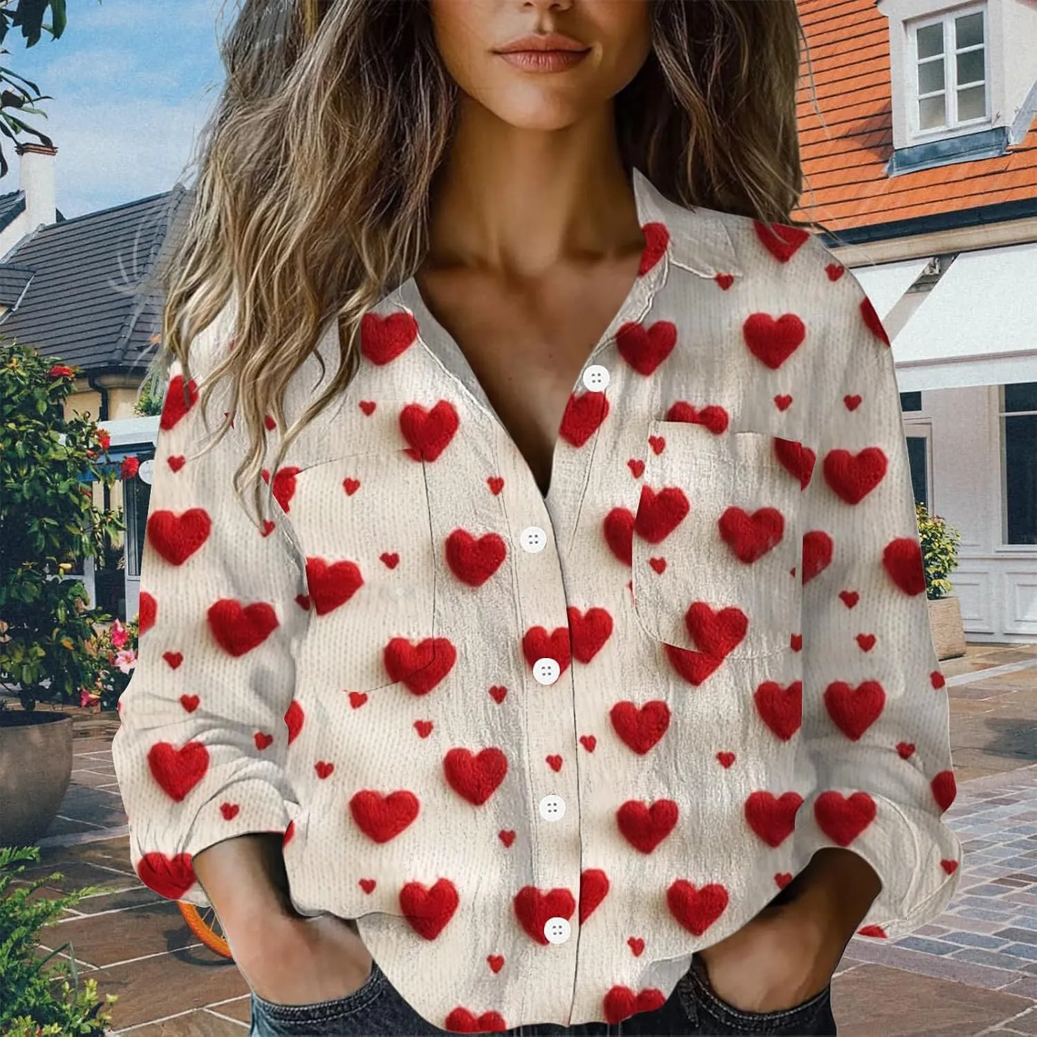 Linen Button Down Shirts for Women Floral Striped Vintage Boho Tops Dressy Casual Fit Long Sleeve Blouse with Pocket