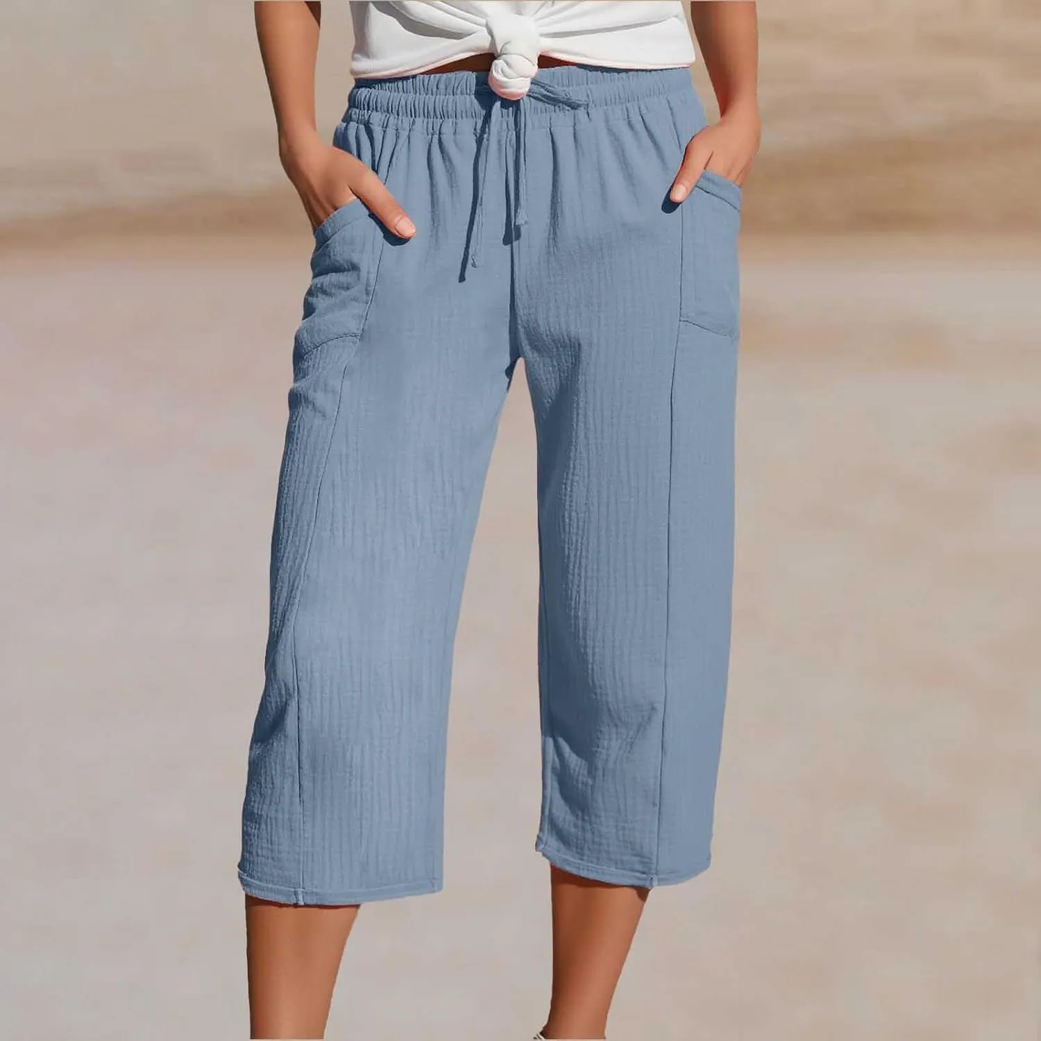 Linen Capri Pants for Women Drawstring High Waisted Elastic Straight Leg Trousers Lightweight Casual Pants with Pockets
