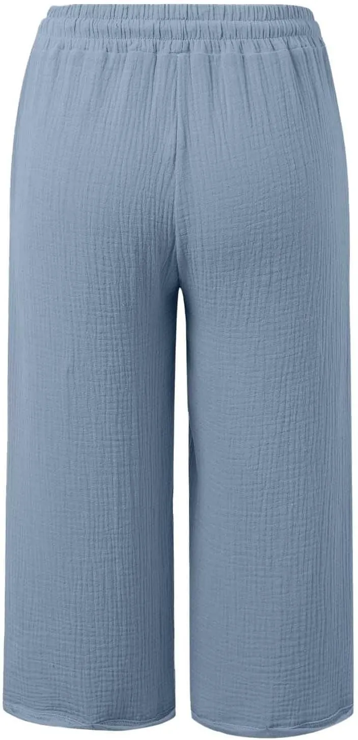 Linen Capri Pants for Women Drawstring High Waisted Elastic Straight Leg Trousers Lightweight Casual Pants with Pockets