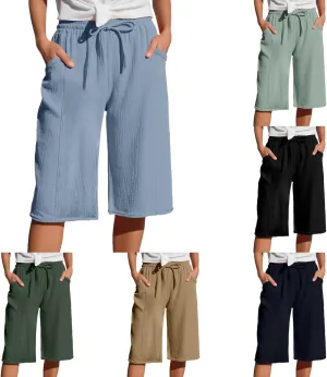Linen Capri Pants for Women Drawstring High Waisted Elastic Straight Leg Trousers Lightweight Casual Pants with Pockets
