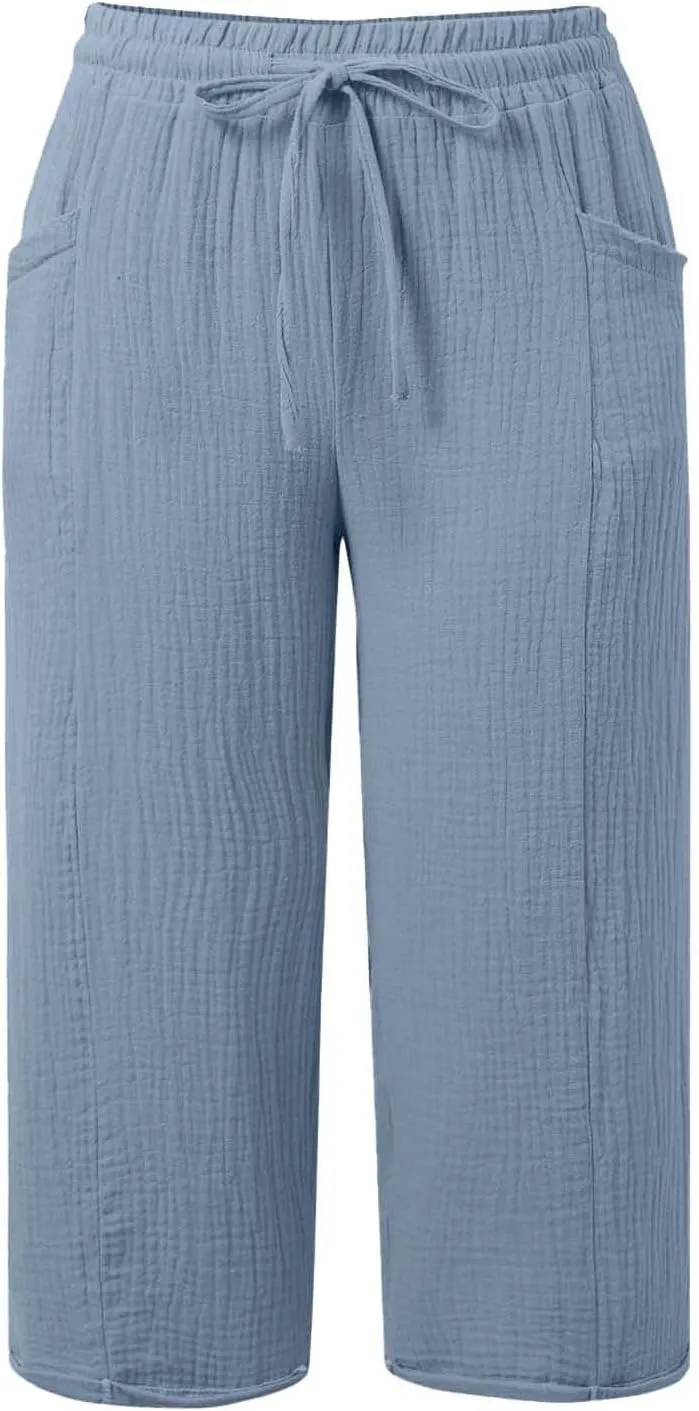 Linen Capri Pants for Women Drawstring High Waisted Elastic Straight Leg Trousers Lightweight Casual Pants with Pockets