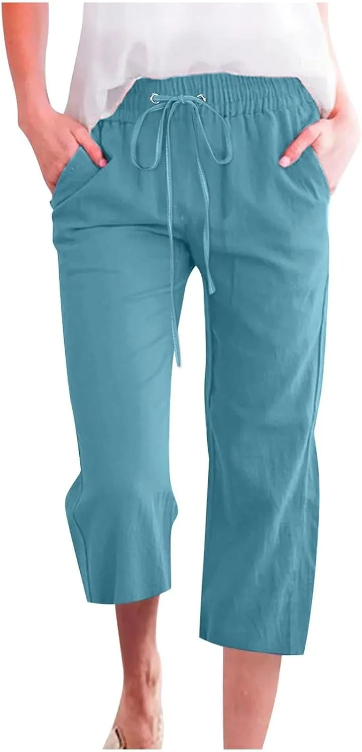 Linen Capris for Women 2024 Summer Baggy Drawstring Waist Cropped Pants Boho Beach Casual Cotton Capri Pants w/Pockets