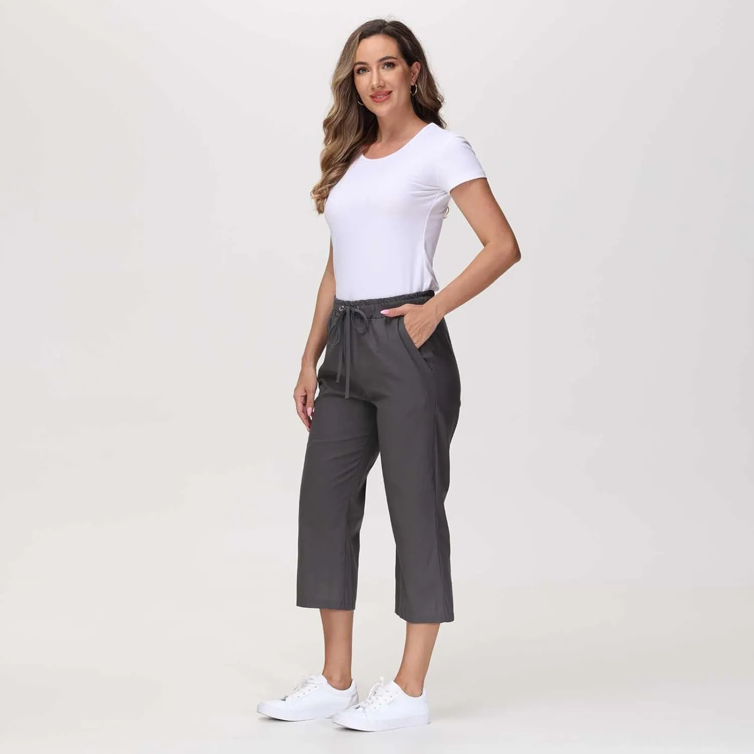 Linen Capris for Women 2024 Summer Baggy Drawstring Waist Cropped Pants Boho Beach Casual Cotton Capri Pants w/Pockets