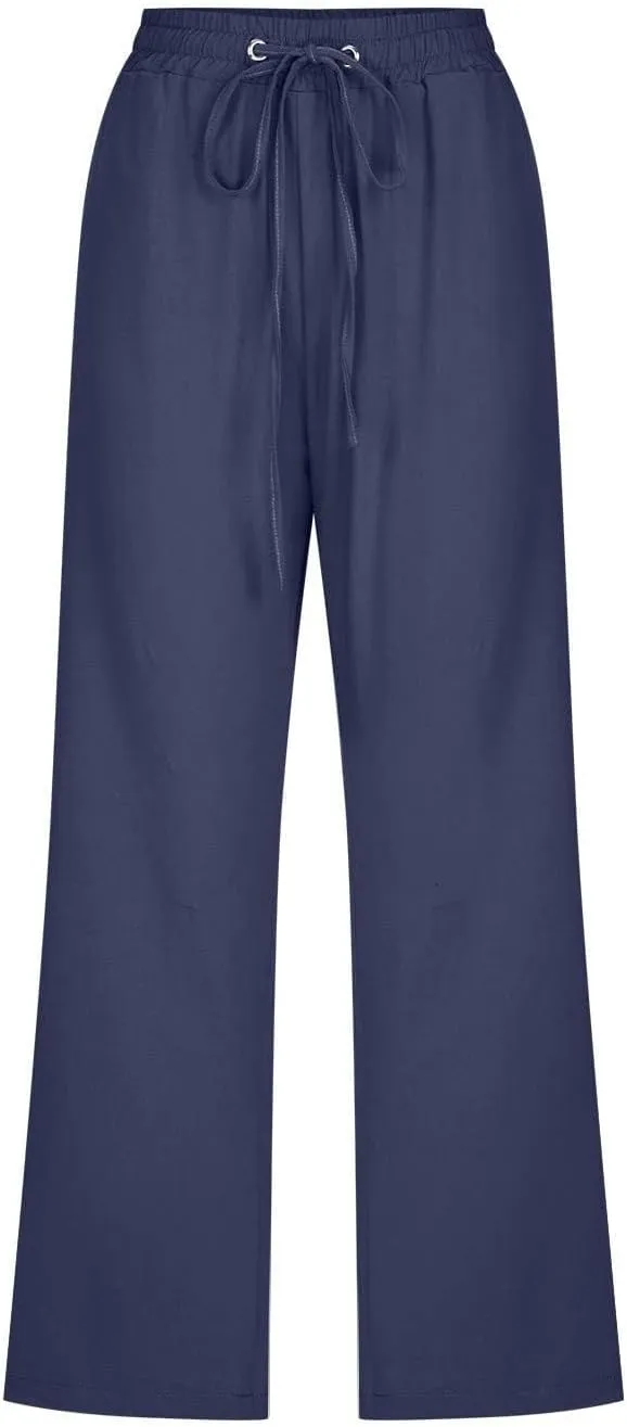 Linen Capris for Women 2024 Summer Baggy Drawstring Waist Cropped Pants Boho Beach Casual Cotton Capri Pants w/Pockets