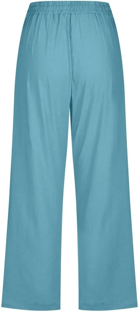 Linen Capris for Women 2024 Summer Baggy Drawstring Waist Cropped Pants Boho Beach Casual Cotton Capri Pants w/Pockets