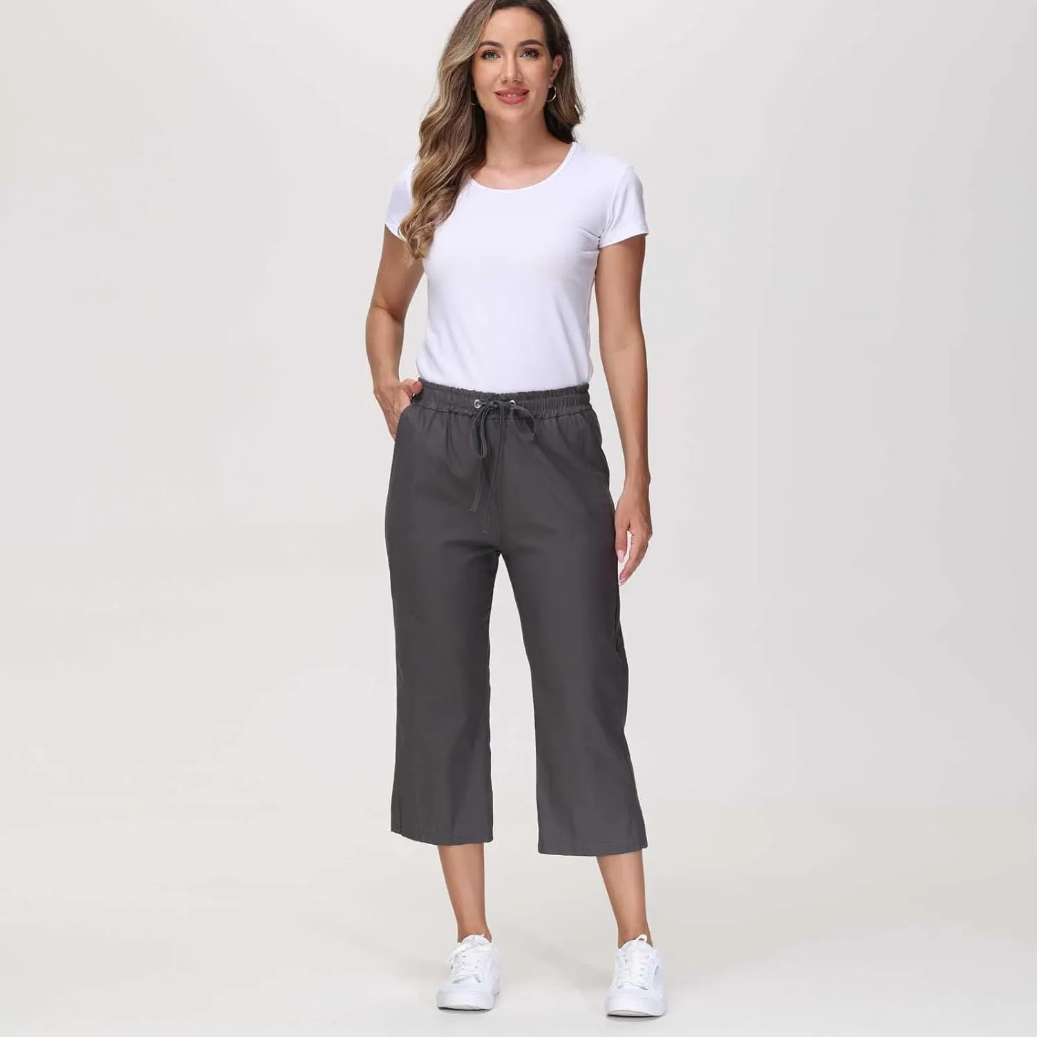 Linen Capris for Women 2024 Summer Baggy Drawstring Waist Cropped Pants Boho Beach Casual Cotton Capri Pants w/Pockets