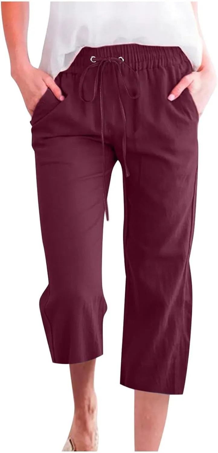 Linen Capris for Women 2024 Summer Baggy Drawstring Waist Cropped Pants Boho Beach Casual Cotton Capri Pants w/Pockets