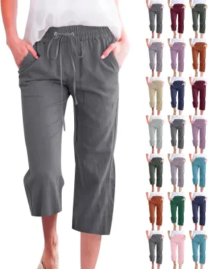 Linen Capris for Women 2024 Summer Baggy Drawstring Waist Cropped Pants Boho Beach Casual Cotton Capri Pants w/Pockets