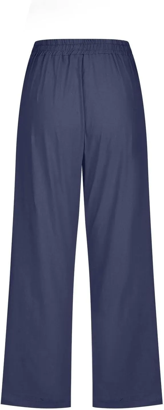 Linen Capris for Women 2024 Summer Baggy Drawstring Waist Cropped Pants Boho Beach Casual Cotton Capri Pants w/Pockets