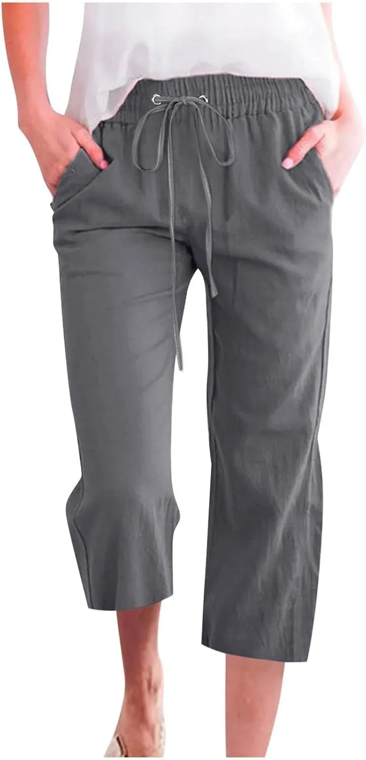 Linen Capris for Women 2024 Summer Baggy Drawstring Waist Cropped Pants Boho Beach Casual Cotton Capri Pants w/Pockets