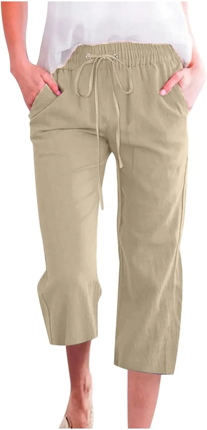 Linen Capris for Women 2024 Summer Baggy Drawstring Waist Cropped Pants Boho Beach Casual Cotton Capri Pants w/Pockets