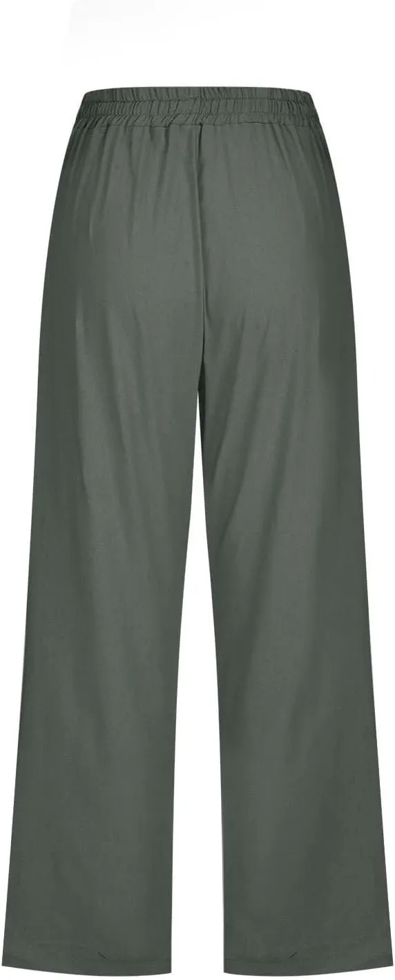 Linen Capris for Women 2024 Summer Baggy Drawstring Waist Cropped Pants Boho Beach Casual Cotton Capri Pants w/Pockets