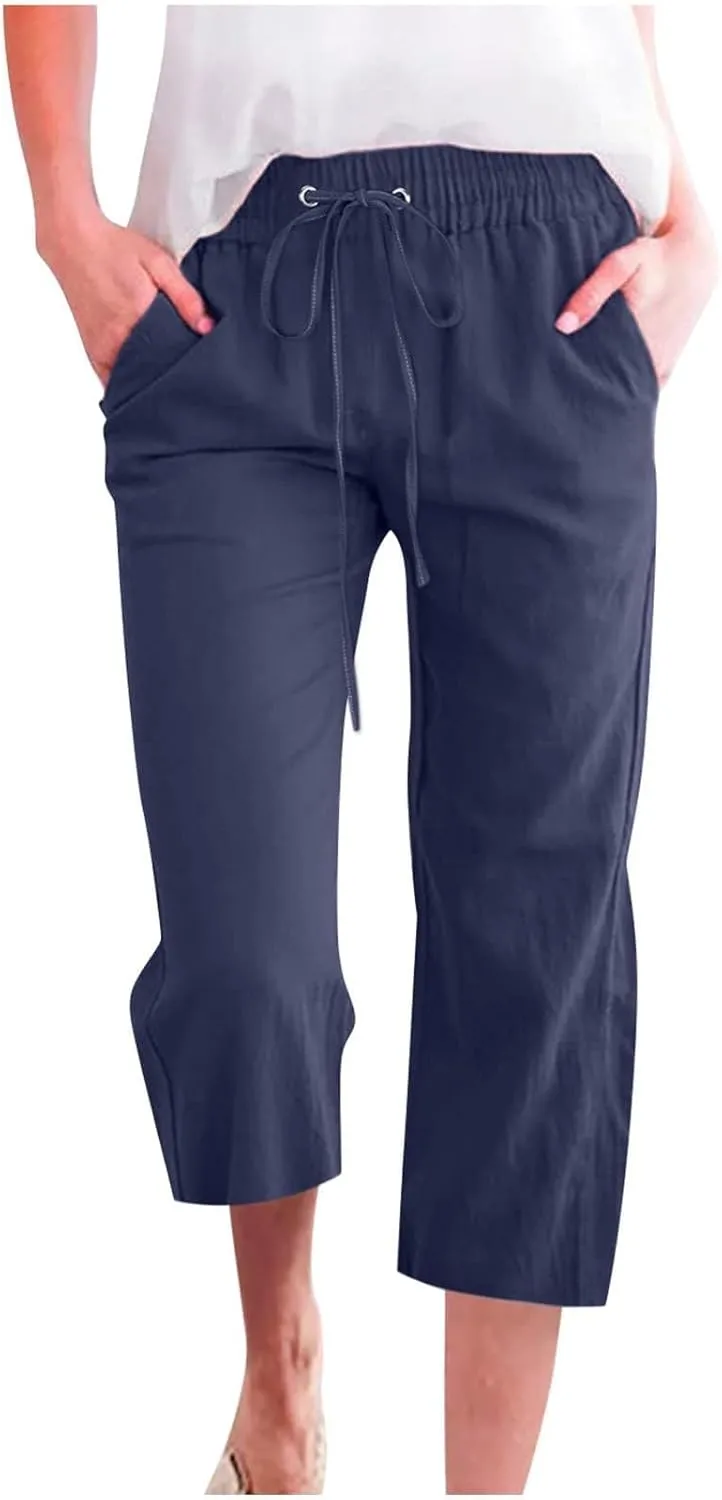 Linen Capris for Women 2024 Summer Baggy Drawstring Waist Cropped Pants Boho Beach Casual Cotton Capri Pants w/Pockets
