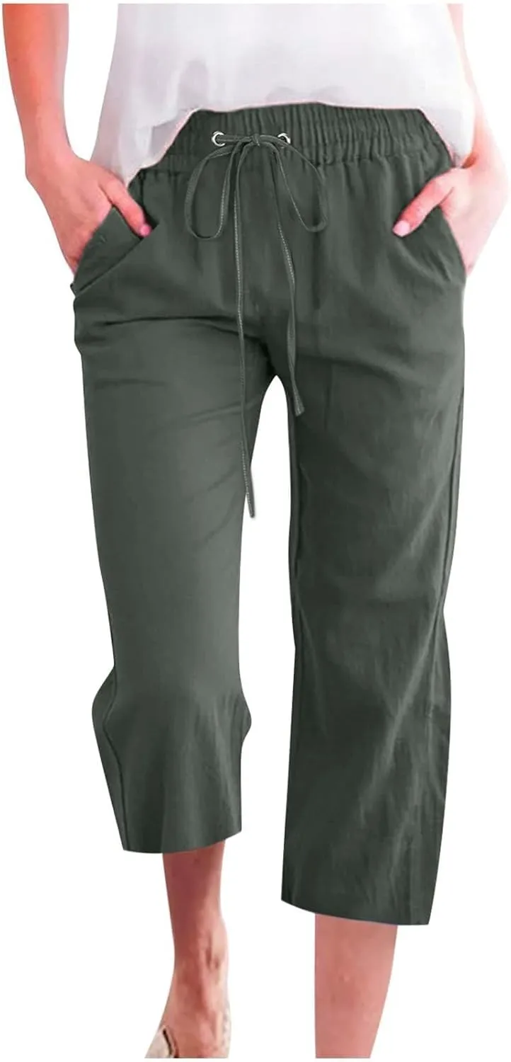 Linen Capris for Women 2024 Summer Baggy Drawstring Waist Cropped Pants Boho Beach Casual Cotton Capri Pants w/Pockets