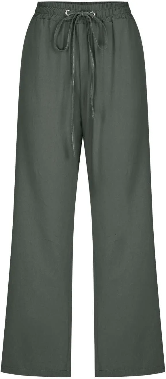 Linen Capris for Women 2024 Summer Baggy Drawstring Waist Cropped Pants Boho Beach Casual Cotton Capri Pants w/Pockets
