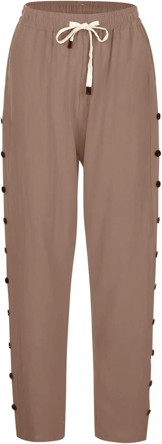 Linen Capris for Women Elastic Waisted Drawstring Capri Pants with Pockets Side Button Casual Summer Cropped Pants