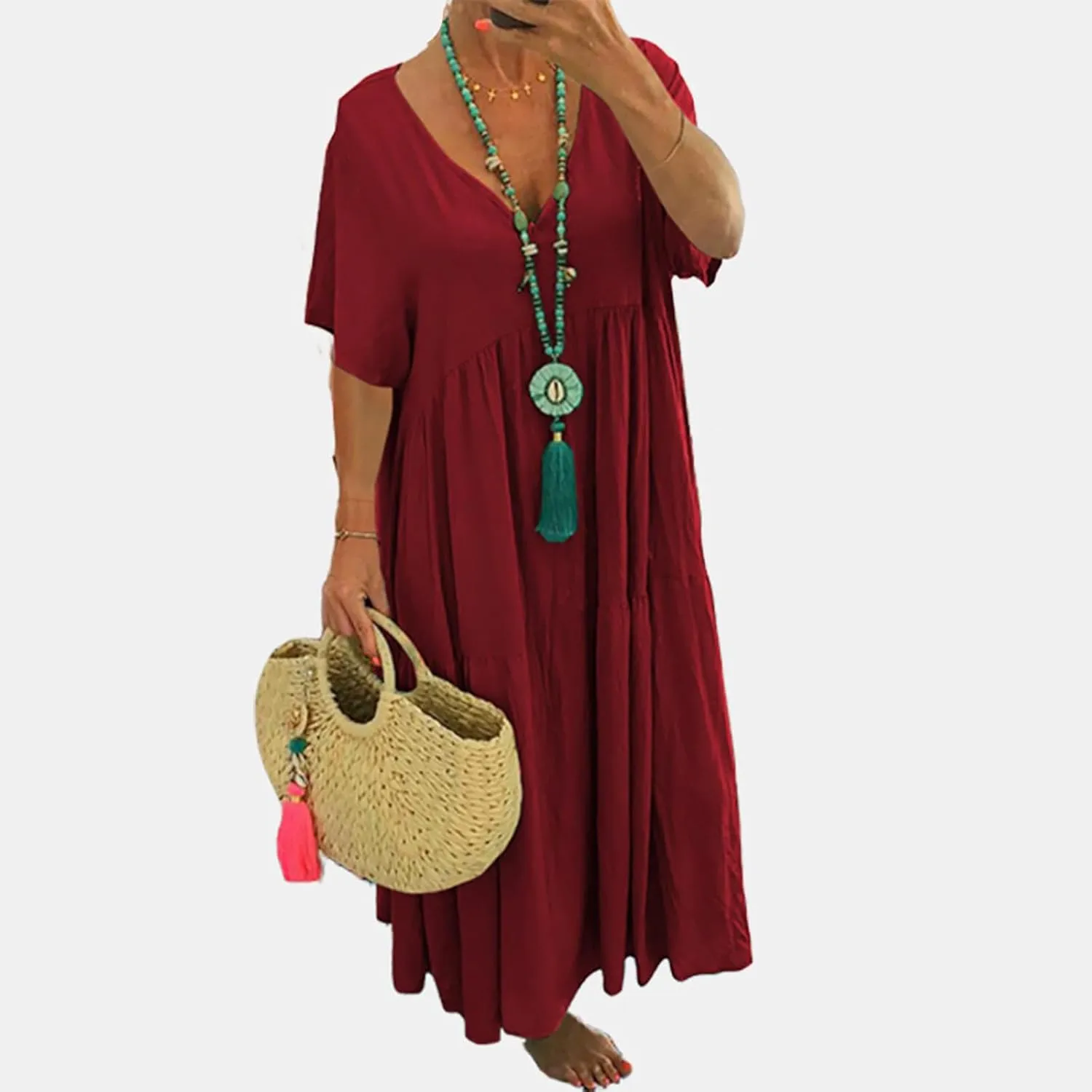 Linen Dress for Women Summer Short Sleeve V Neck Plus Size Maxi Casual Flowy Loose Long Vacation Beach Dresses