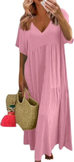 Linen Dress for Women Summer Short Sleeve V Neck Plus Size Maxi Casual Flowy Loose Long Vacation Beach Dresses