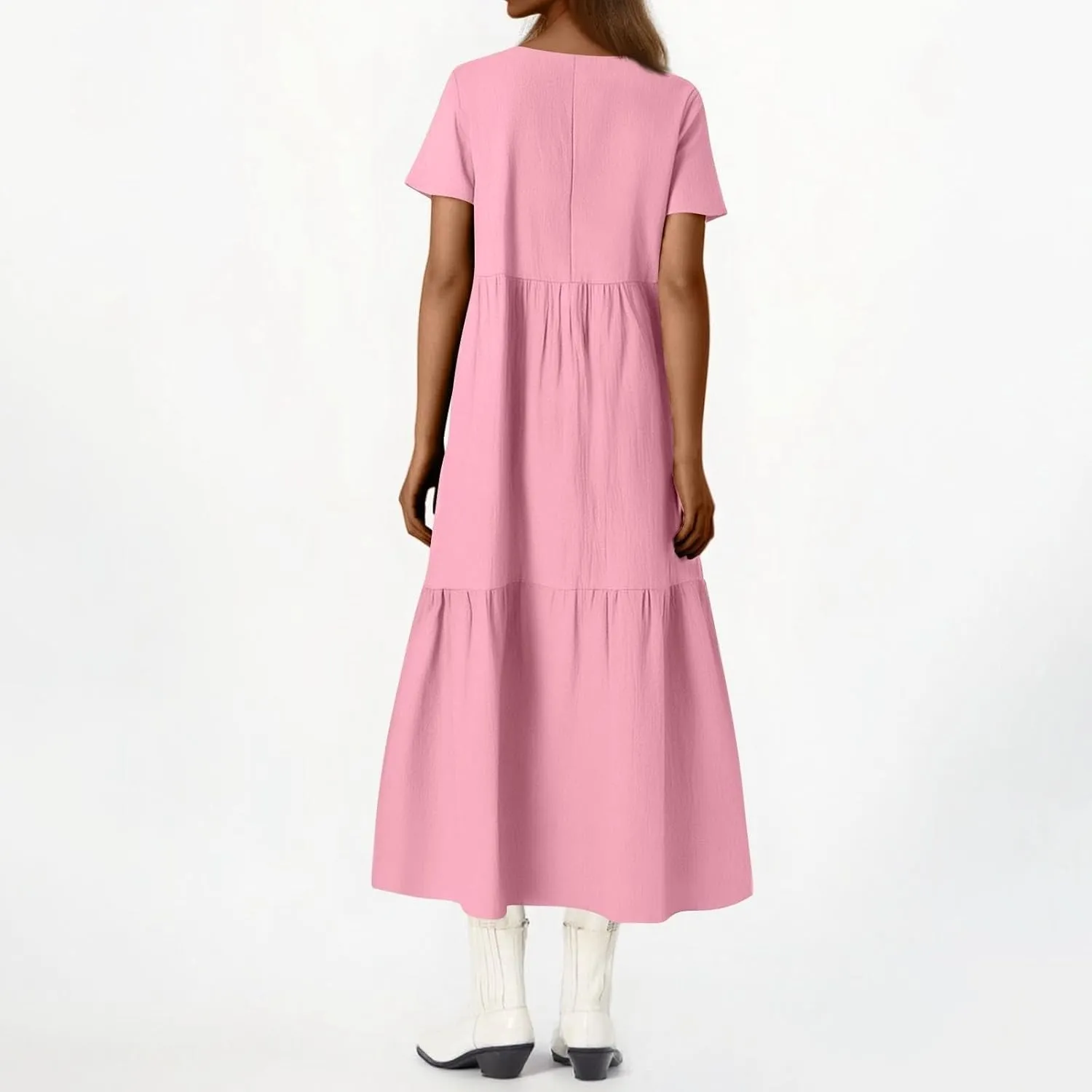 Linen Dress for Women Summer Short Sleeve V Neck Plus Size Maxi Casual Flowy Loose Long Vacation Beach Dresses