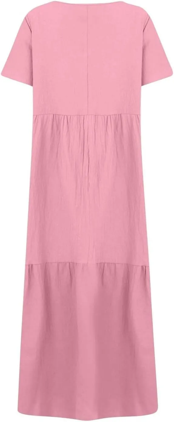 Linen Dress for Women Summer Short Sleeve V Neck Plus Size Maxi Casual Flowy Loose Long Vacation Beach Dresses
