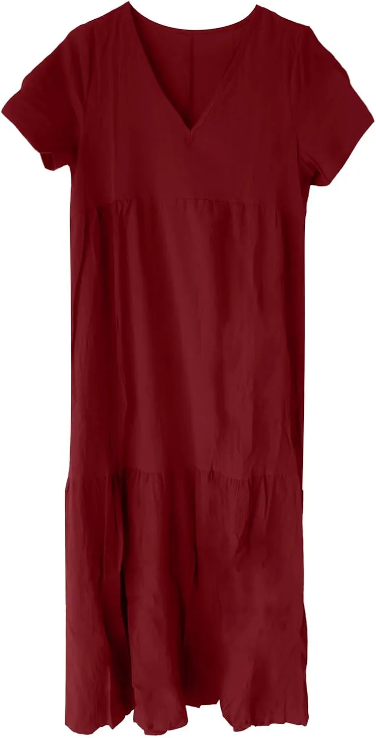 Linen Dress for Women Summer Short Sleeve V Neck Plus Size Maxi Casual Flowy Loose Long Vacation Beach Dresses