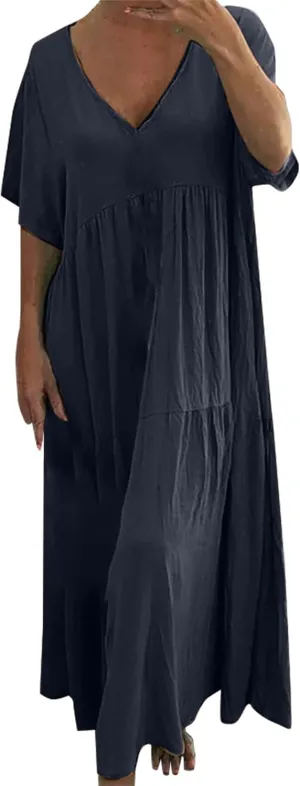 Linen Dress for Women Summer Short Sleeve V Neck Plus Size Maxi Casual Flowy Loose Long Vacation Beach Dresses