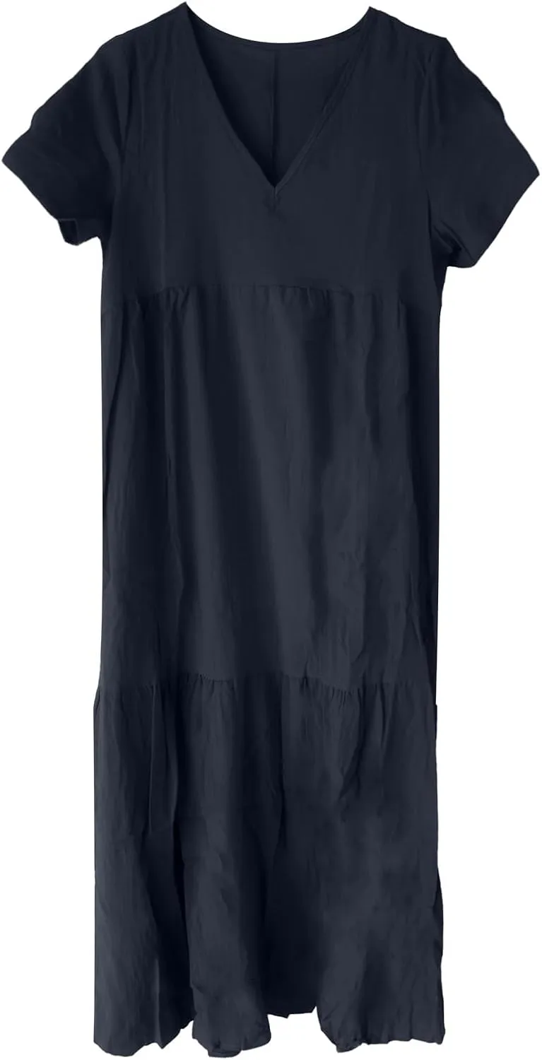 Linen Dress for Women Summer Short Sleeve V Neck Plus Size Maxi Casual Flowy Loose Long Vacation Beach Dresses