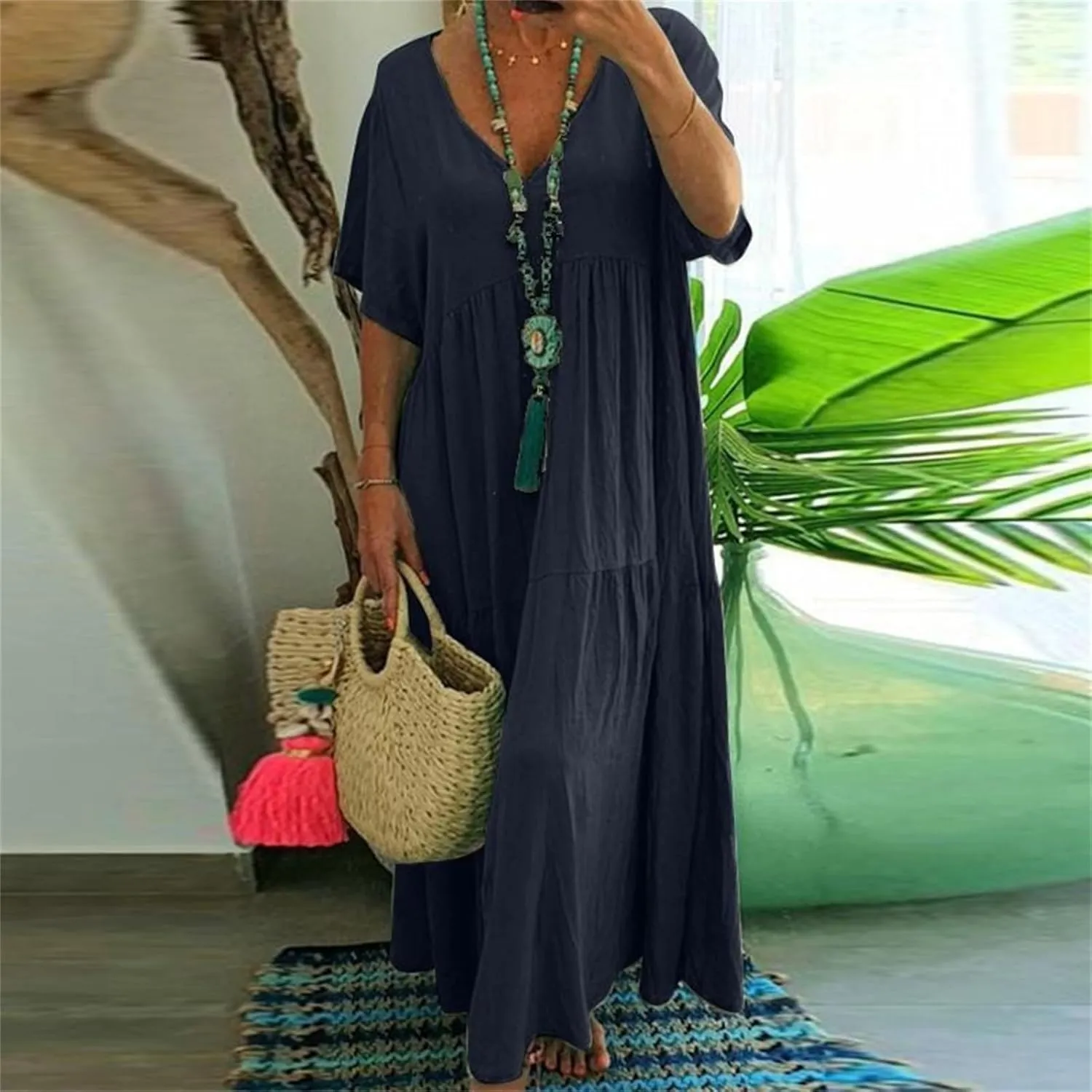 Linen Dress for Women Summer Short Sleeve V Neck Plus Size Maxi Casual Flowy Loose Long Vacation Beach Dresses