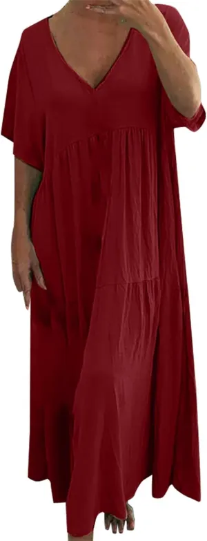 Linen Dress for Women Summer Short Sleeve V Neck Plus Size Maxi Casual Flowy Loose Long Vacation Beach Dresses