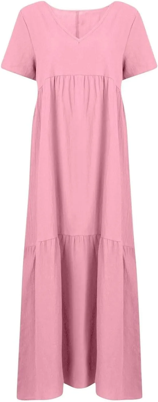 Linen Dress for Women Summer Short Sleeve V Neck Plus Size Maxi Casual Flowy Loose Long Vacation Beach Dresses