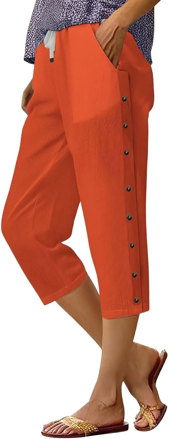 Linen Pants for Women,2025 Summer Elastic Straight Leg Cropped Capris Casual Side Button Beach Trouser with Pockets