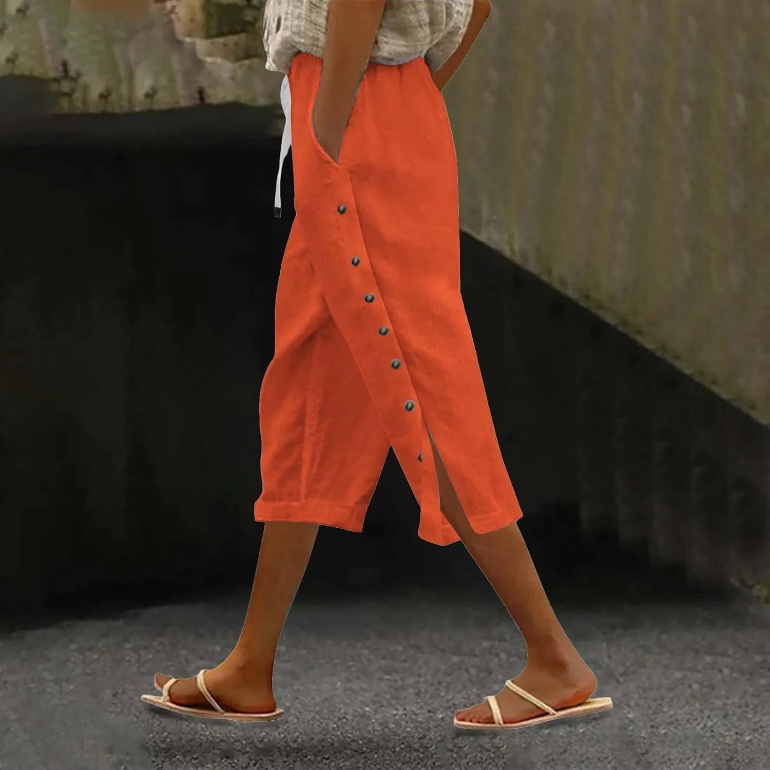 Linen Pants for Women,2025 Summer Elastic Straight Leg Cropped Capris Casual Side Button Beach Trouser with Pockets