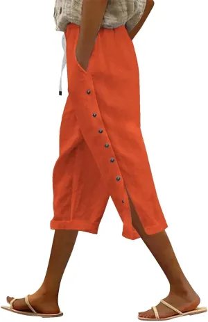 Linen Pants for Women,2025 Summer Elastic Straight Leg Cropped Capris Casual Side Button Beach Trouser with Pockets