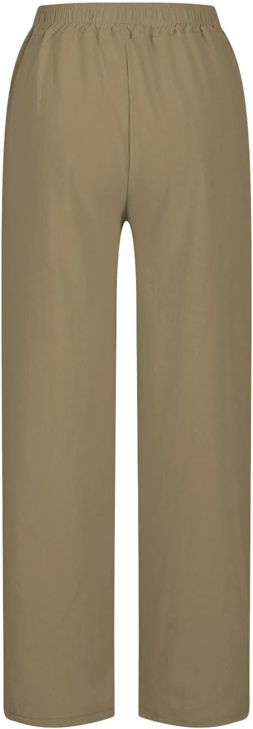 Linen Pants Women Casual Side Split Capri Pants Summer Beach Drawstring Elastic Waist Cropped Trousers with Pockets