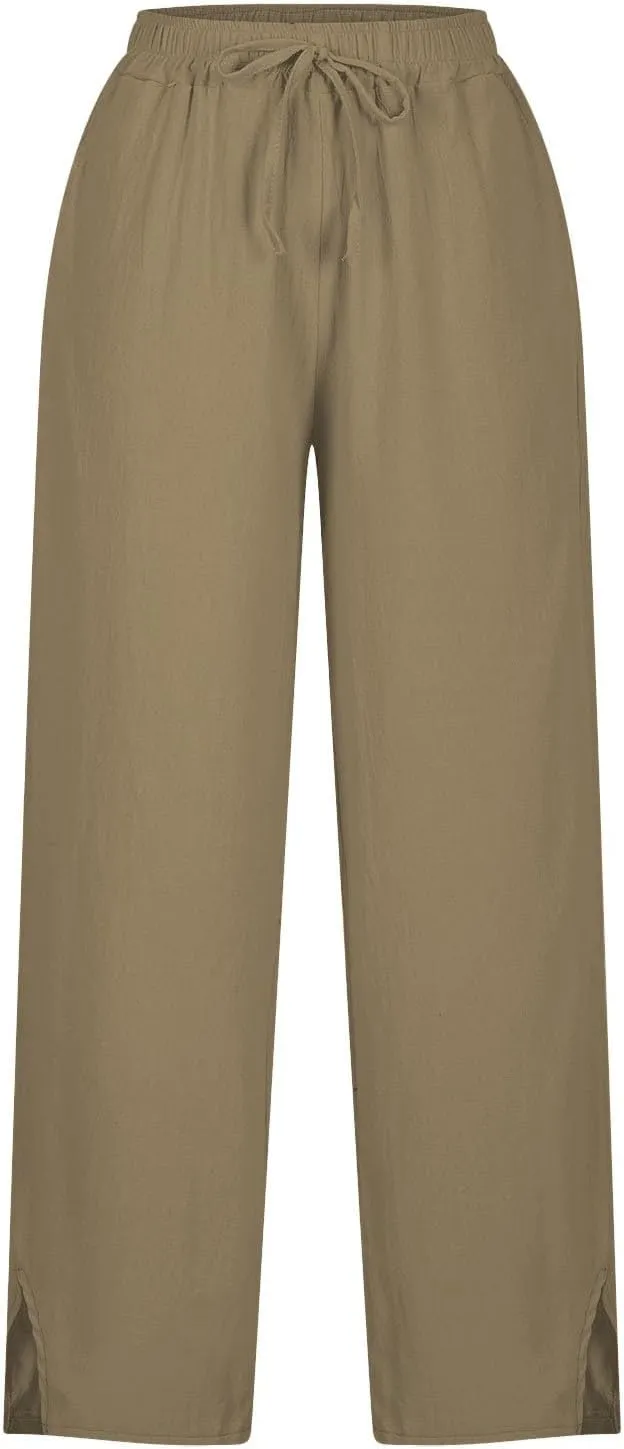 Linen Pants Women Casual Side Split Capri Pants Summer Beach Drawstring Elastic Waist Cropped Trousers with Pockets