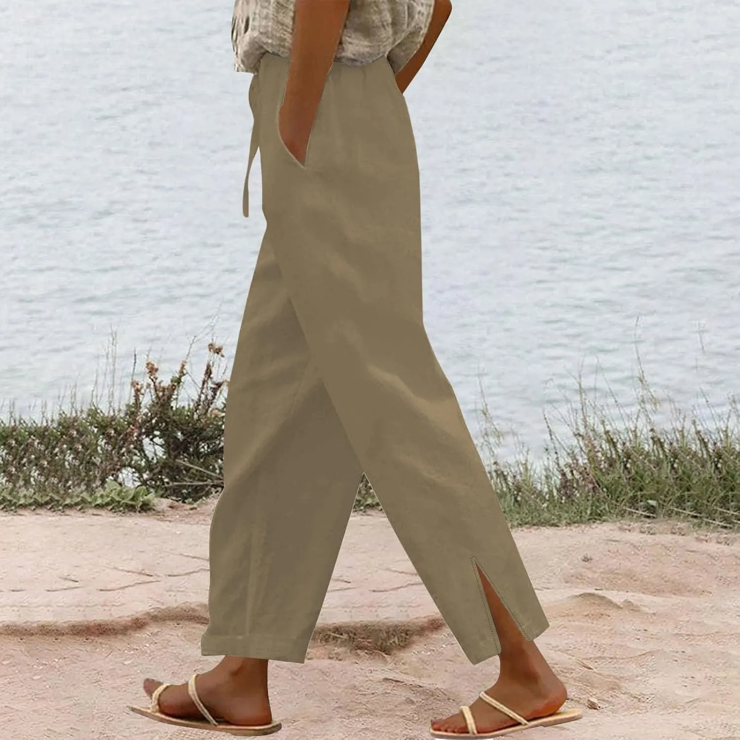 Linen Pants Women Casual Side Split Capri Pants Summer Beach Drawstring Elastic Waist Cropped Trousers with Pockets