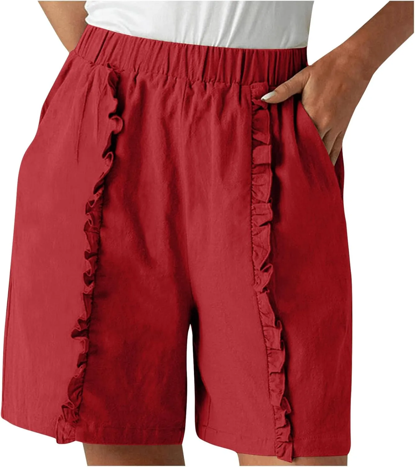 Linen Shorts for Women Casual Summer High Waisted Chino Shorts Straight Leg Falbala Hiking Vacation Outfits