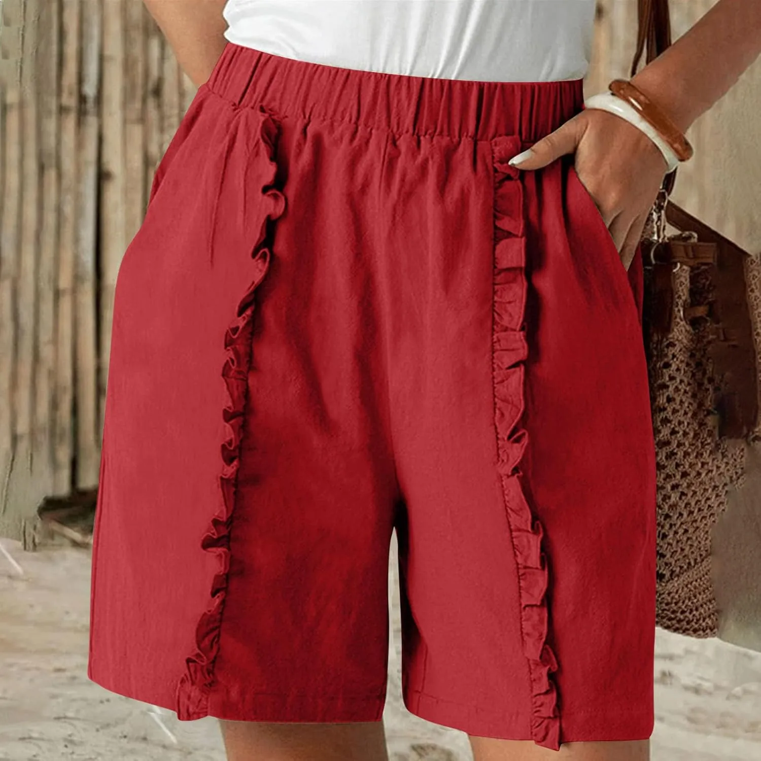 Linen Shorts for Women Casual Summer High Waisted Chino Shorts Straight Leg Falbala Hiking Vacation Outfits
