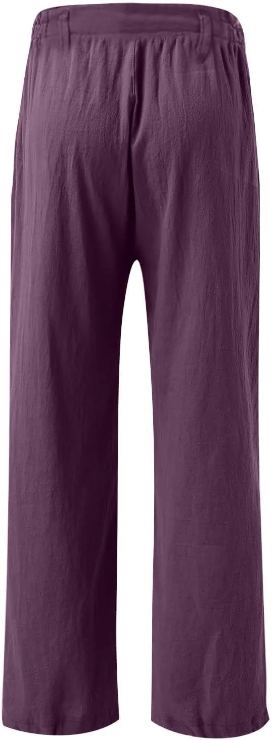 Linen Wide Leg Pants for Women High Waisted Palazzo Casual Lounge Beach Trousers Casual Elastic Waist Solid Jogger
